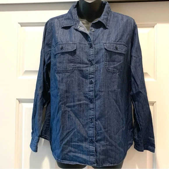 St. John's Bay Blue lightweight 100% cotton long sleeve button Denim Shirt, PL - Picture 1 of 6
